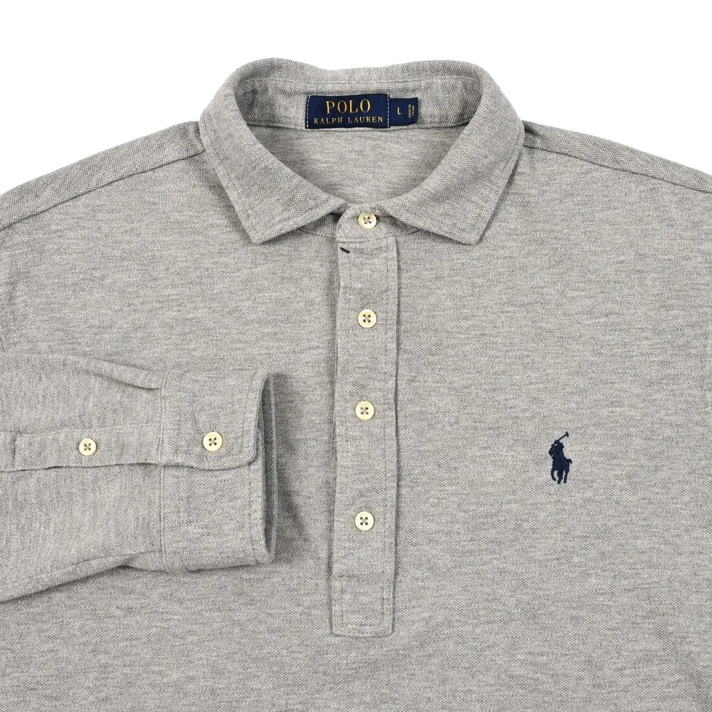 Polo Ralph Lauren Minimalist Men's Large Grey Mesh Long Sleeve Polo Shirt Preppy